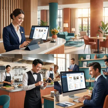 Hospitality employees engaging with intranet content on mobile and desktop platforms