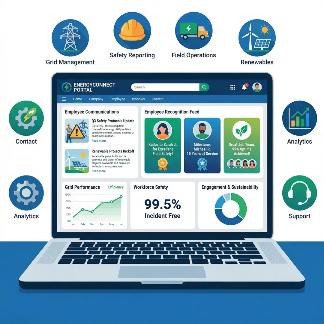 HubEngage intranet dashboard showing employee communications and engagement tools for energy companies