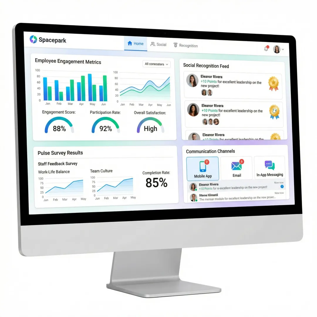 Employee engagement software dashboard showing recognition, surveys, and communications features