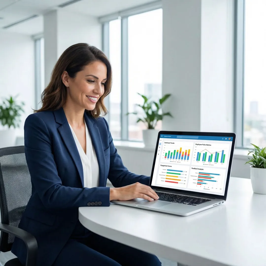 HR professional reviewing employee sentiment analysis dashboard on a laptop