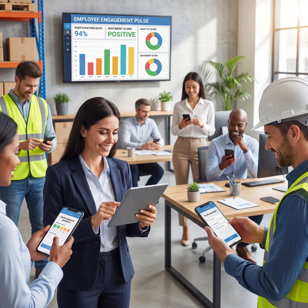 Team of employees engaging with a digital sentiment survey on mobile devices