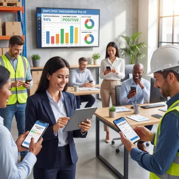 Team of employees engaging with a digital sentiment survey on mobile devices