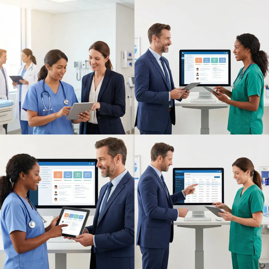 Healthcare staff using internal communication software on mobile and desktop devices