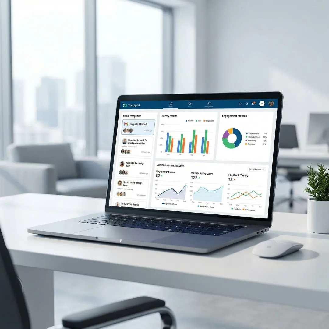HubEngage employee engagement platform interface showing multi-channel communications and recognition features