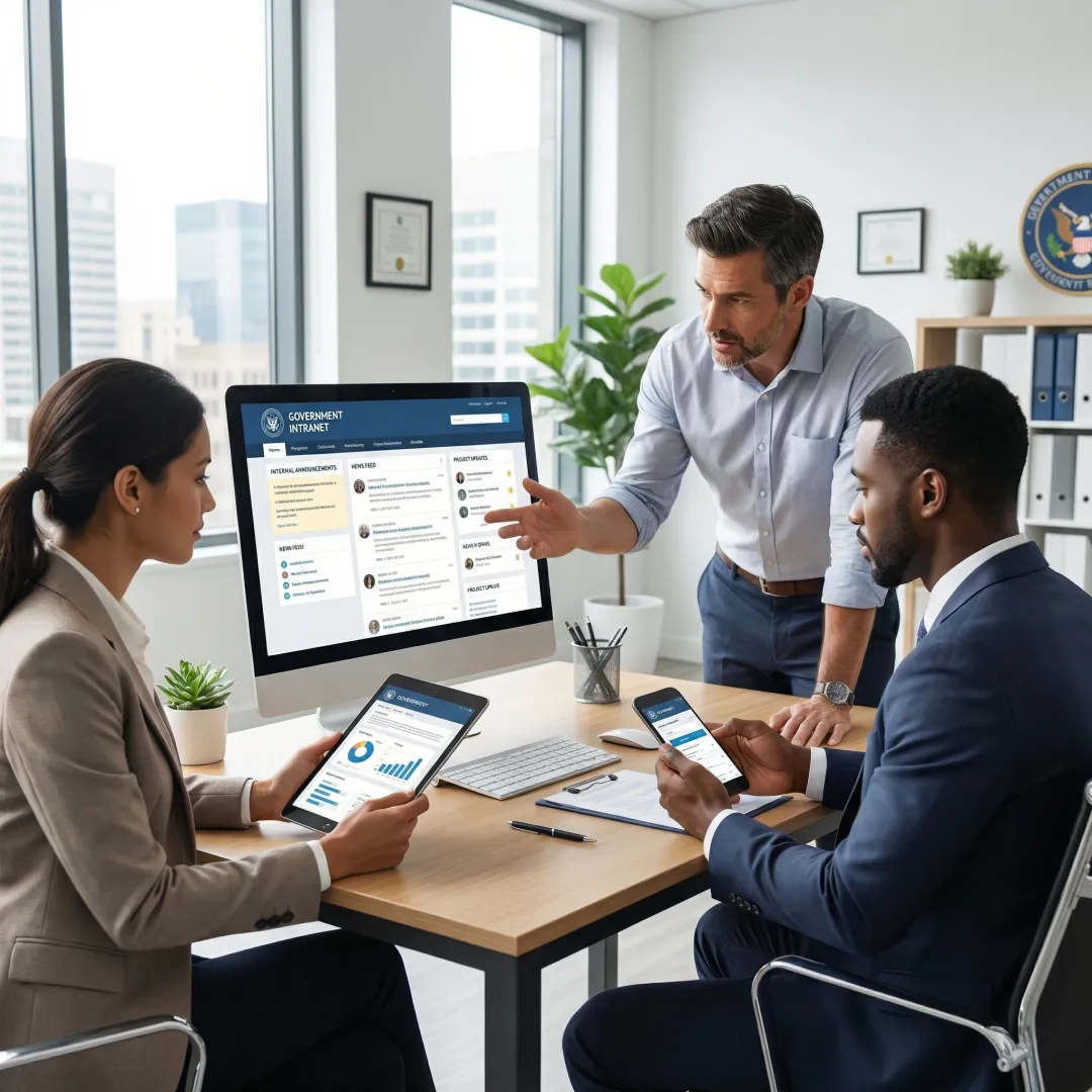 Public sector employees using an intranet software platform on desktop and mobile devices in a government office setting