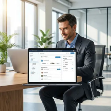 HR professional managing and sharing internal documents through a secure intranet file sharing dashboard