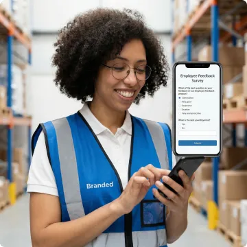 Employee completing a feedback survey on a mobile app while working on the frontline