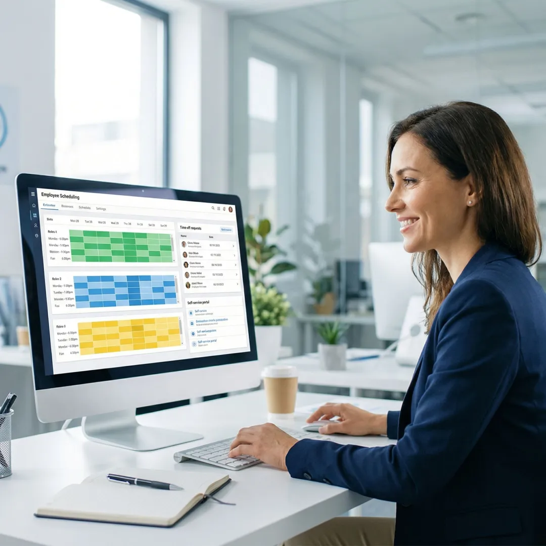 HR manager using employee scheduling software on a desktop with a self service portal dashboard visible