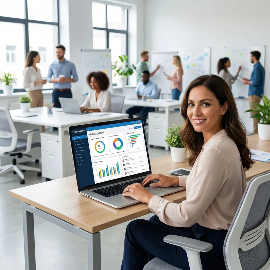 HR leader reviewing employee wellness dashboard on a laptop in a modern office