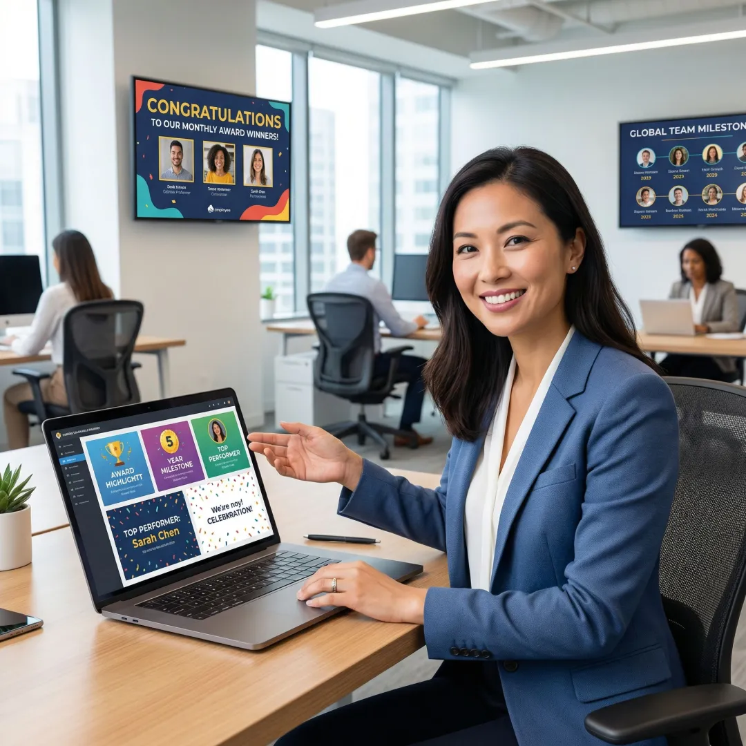 HR manager setting up employee recognition content on a digital signage platform dashboard