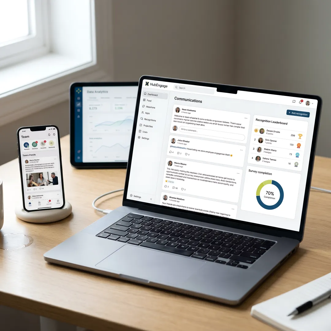 Cloud-native hybrid workforce management platform dashboard showing employee engagement tools