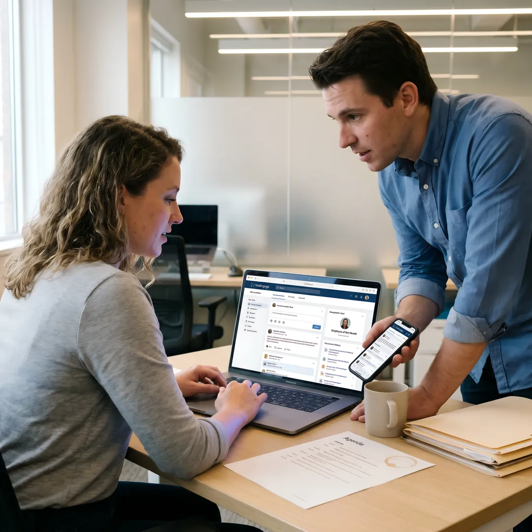 Employees accessing shared files and documents on a modern intranet platform across desktop and mobile devices