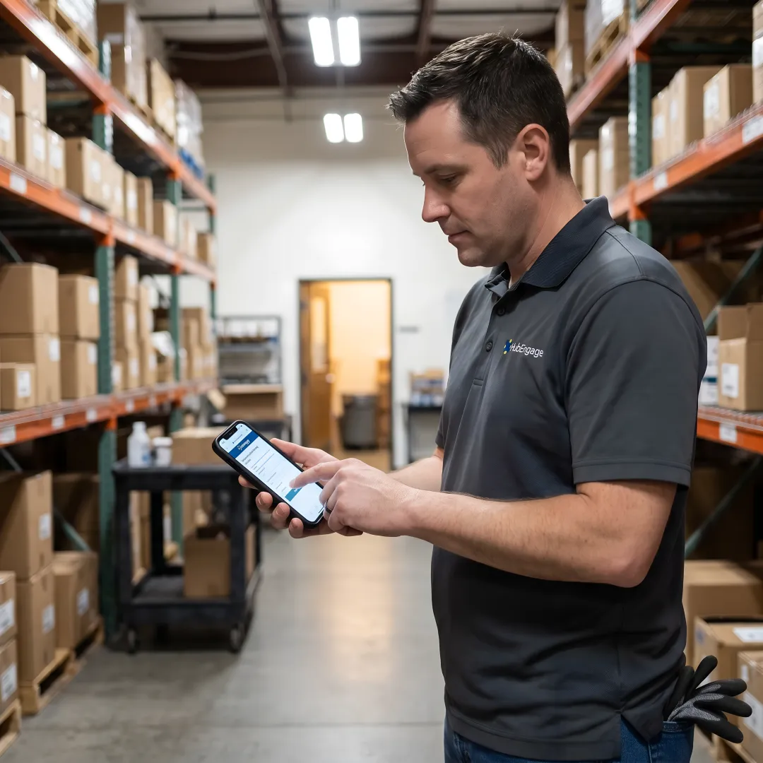 Employee completing a feedback survey on a mobile app while working on the frontline