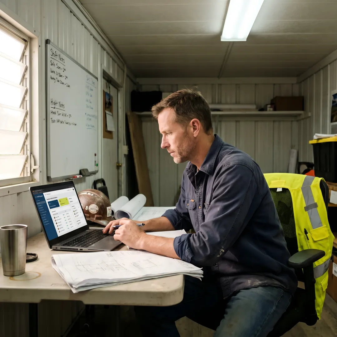 Construction site manager reviewing internal communications dashboard on a laptop