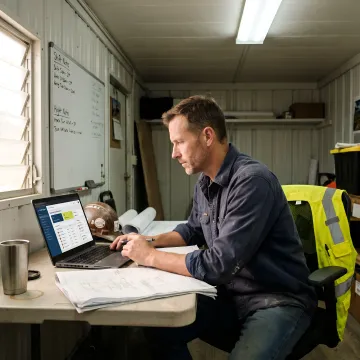 Construction site manager reviewing internal communications dashboard on a laptop