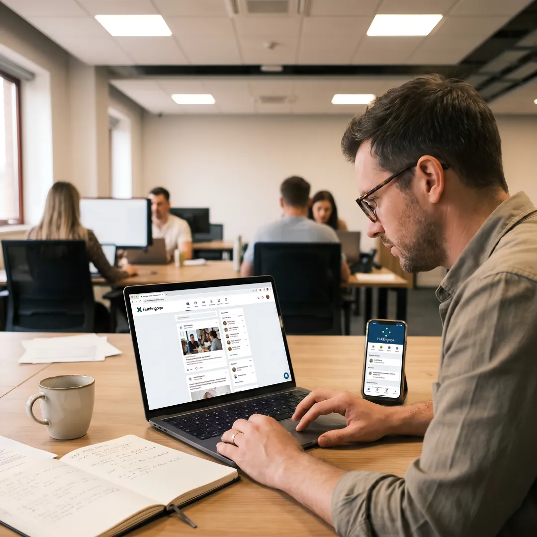 Employee using HubEngage intranet integrated with Microsoft 365 on laptop and mobile