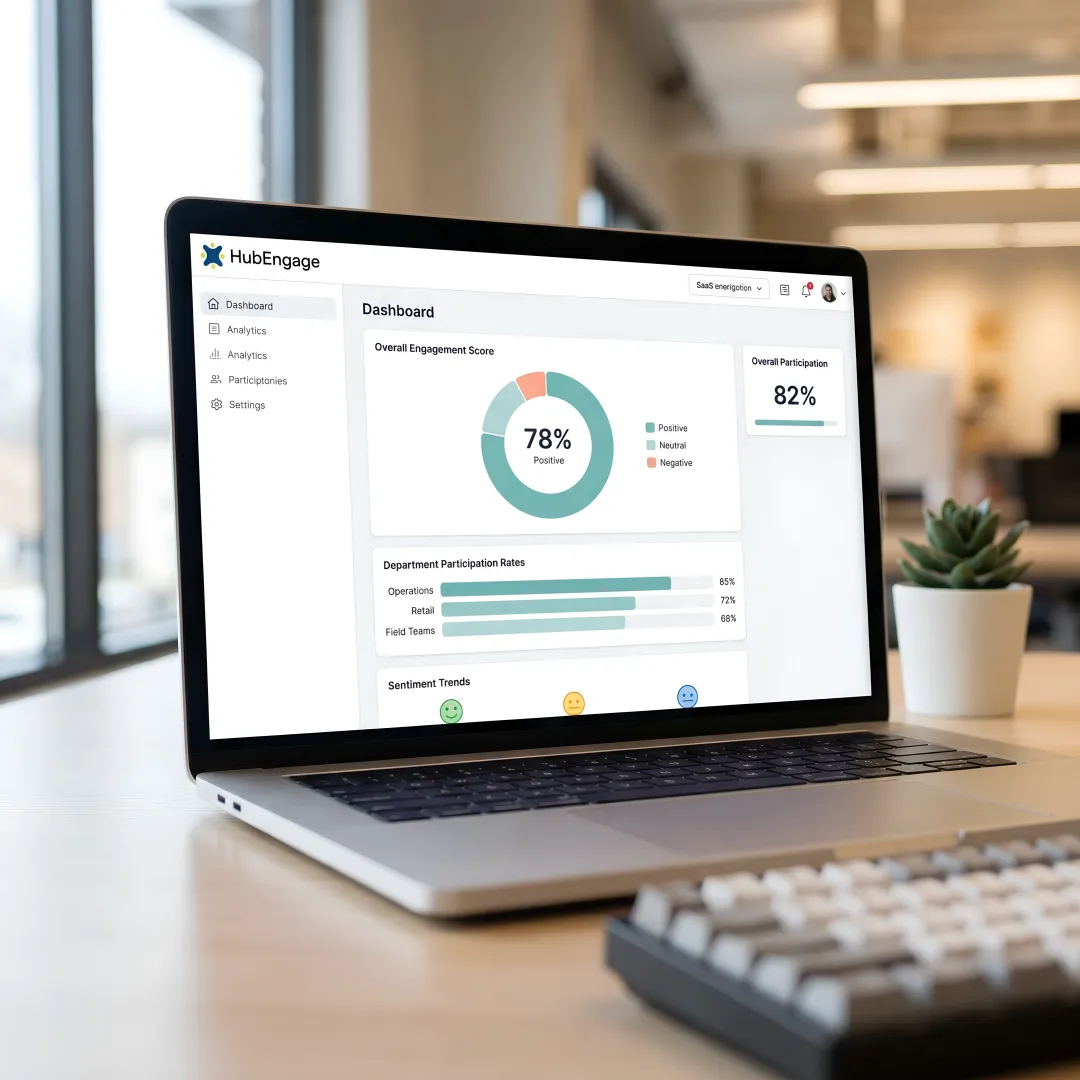 Engagement survey dashboard displaying real-time sentiment scores and participation metrics across departments