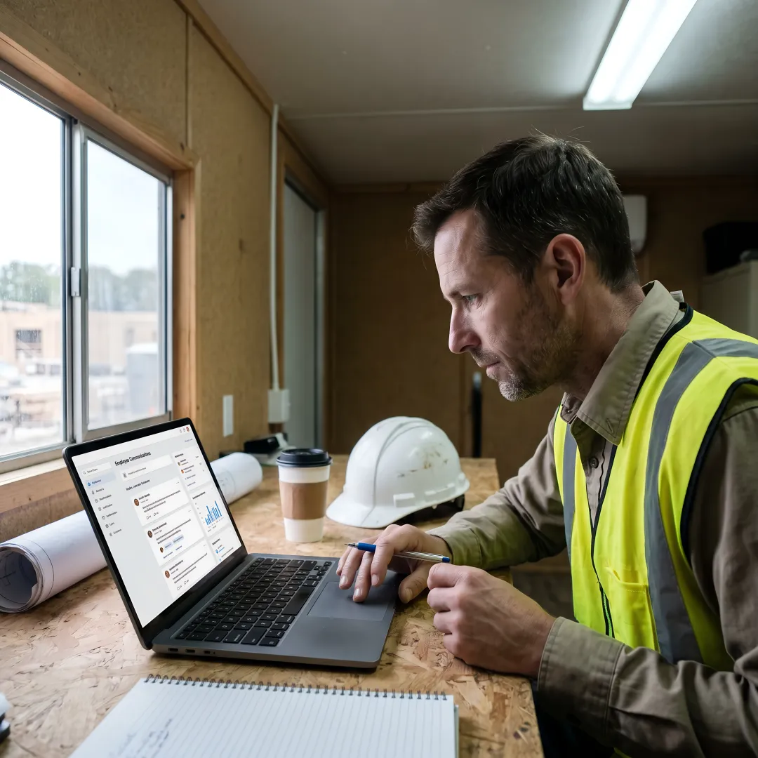 Construction site manager reviewing internal communications dashboard on a laptop