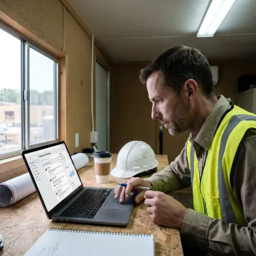 Construction site manager reviewing internal communications dashboard on a laptop