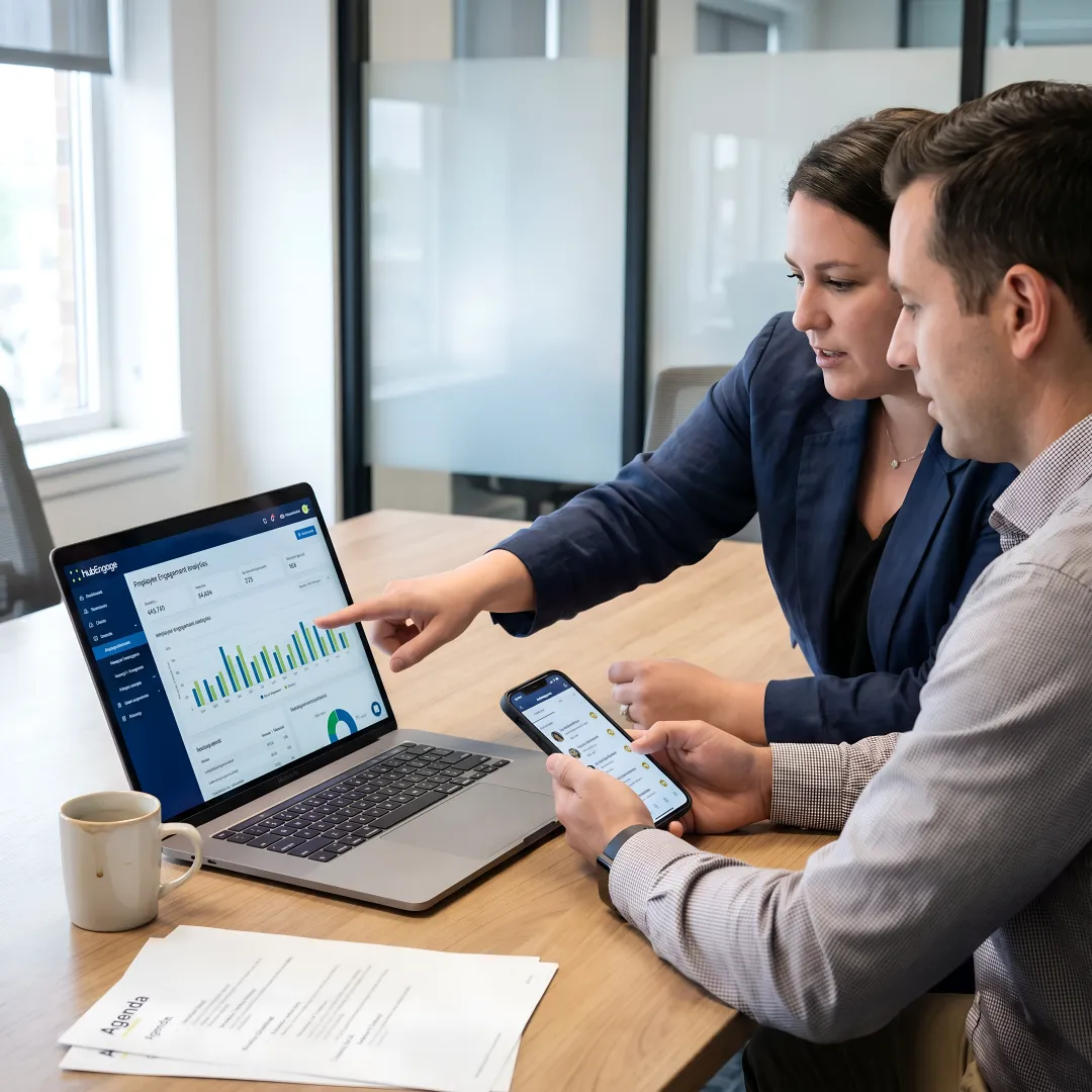 HR team reviewing employee engagement analytics and recognition data on HubEngage platform