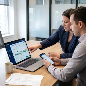 HR team reviewing employee engagement analytics and recognition data on HubEngage platform