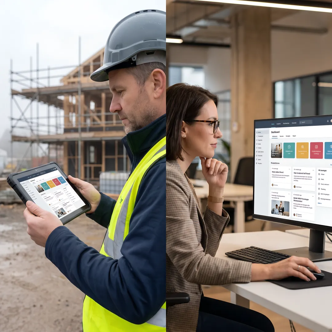 Construction site workers and office staff connected through a unified intranet platform