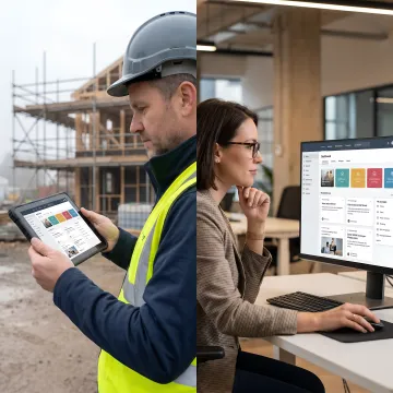 Construction site workers and office staff connected through a unified intranet platform