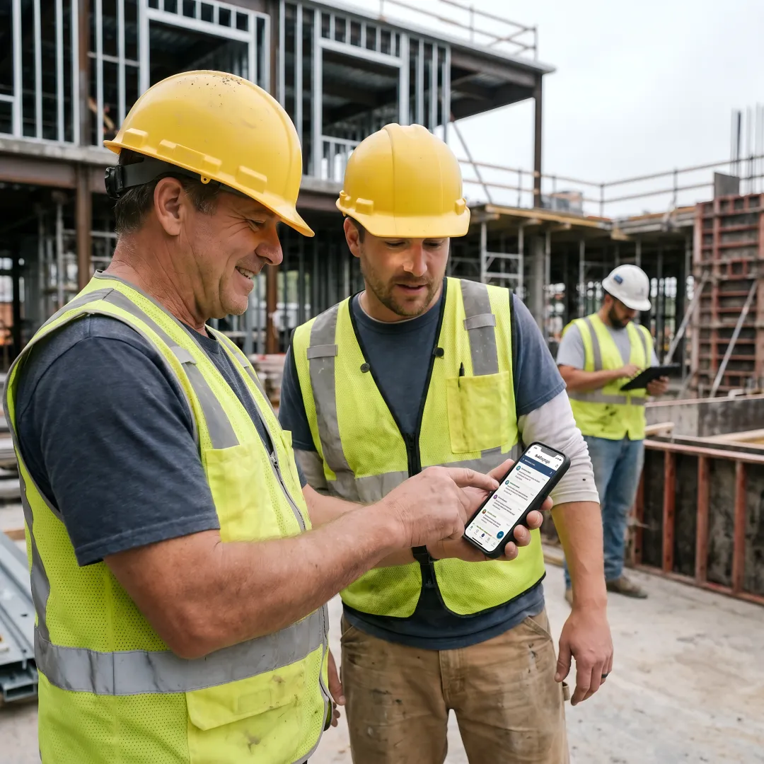 Construction team using internal communications software on a job site