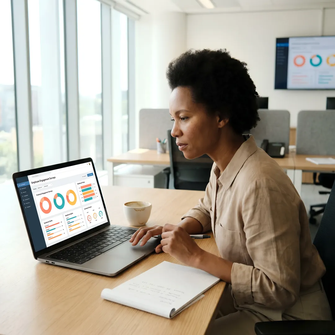 HR professional reviewing employee feedback dashboard on a laptop in a modern office