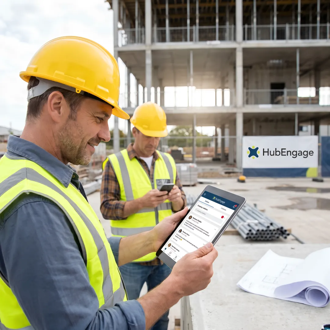 Construction team using internal communications software on a job site