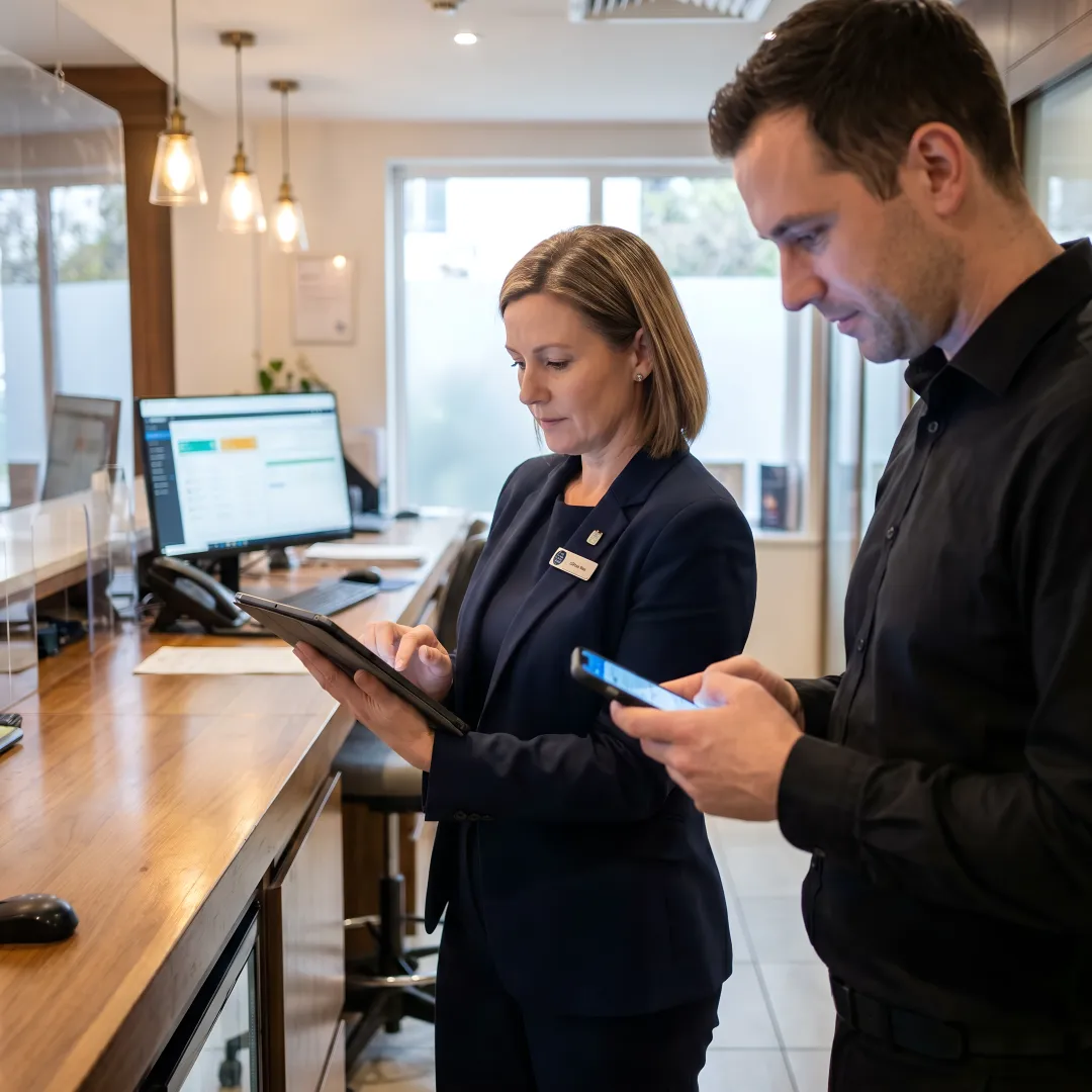 Hospitality employees engaging with intranet content on mobile and desktop platforms
