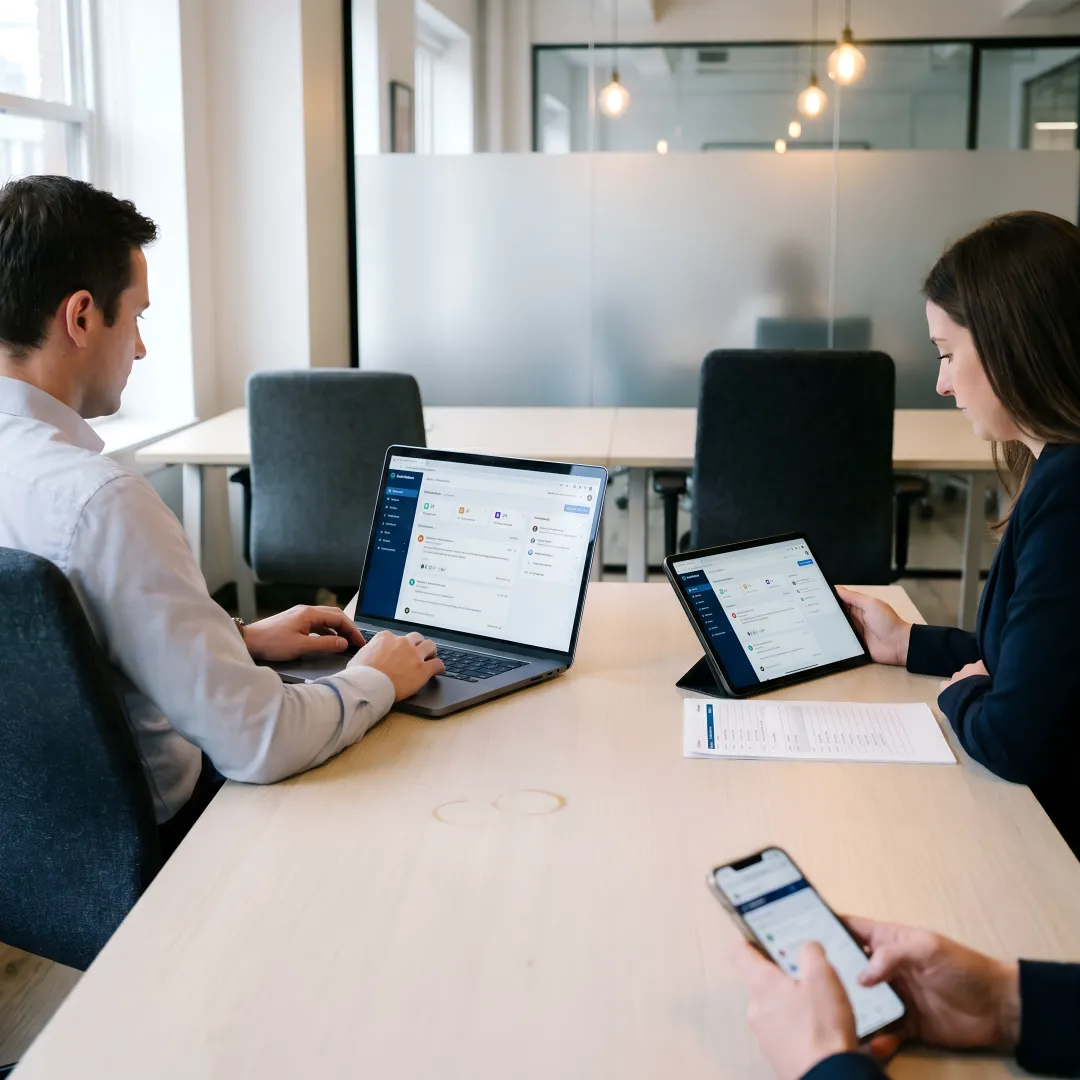 Financial services professionals using a unified communications platform on multiple devices