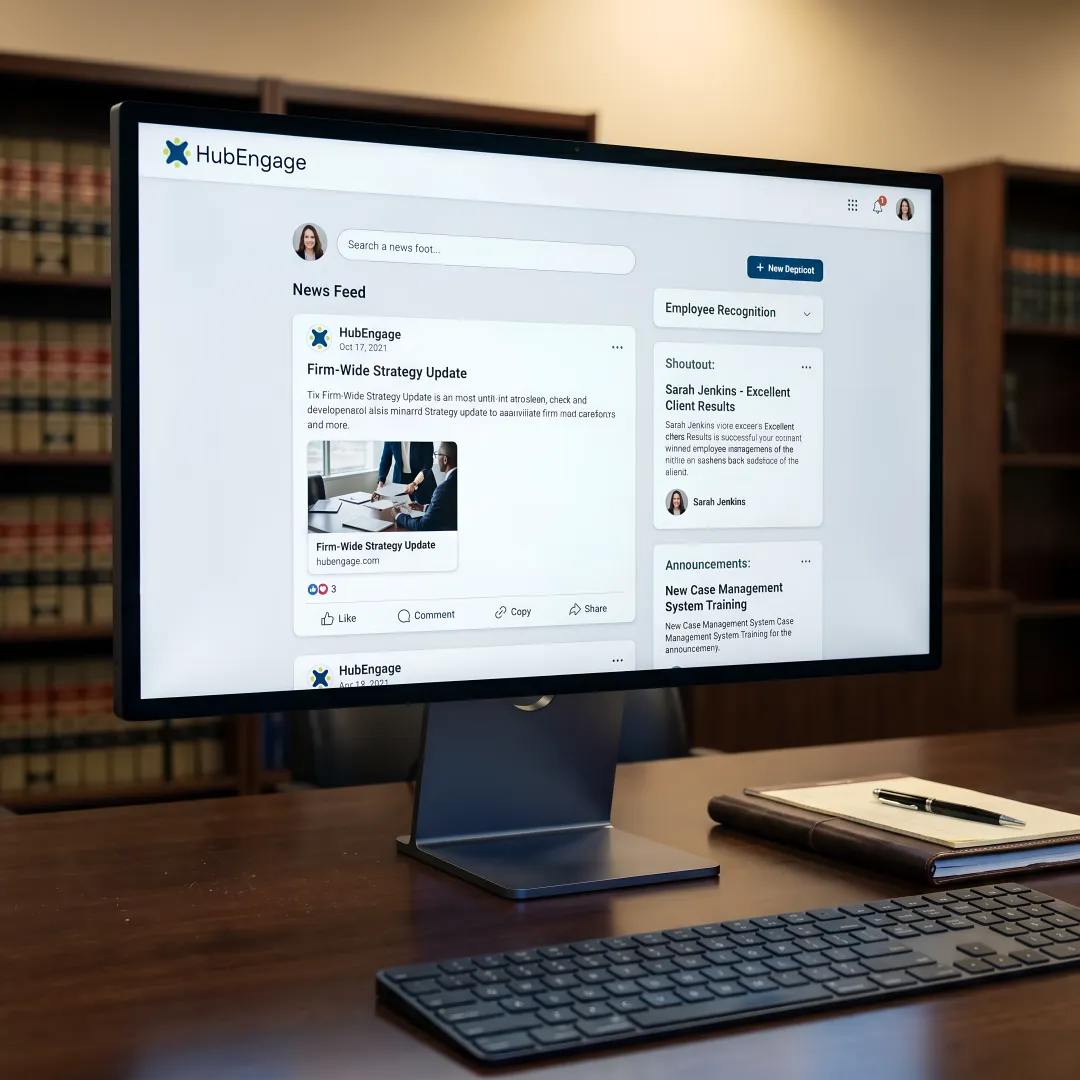 Law firm intranet dashboard showing communications, recognition, and messaging features