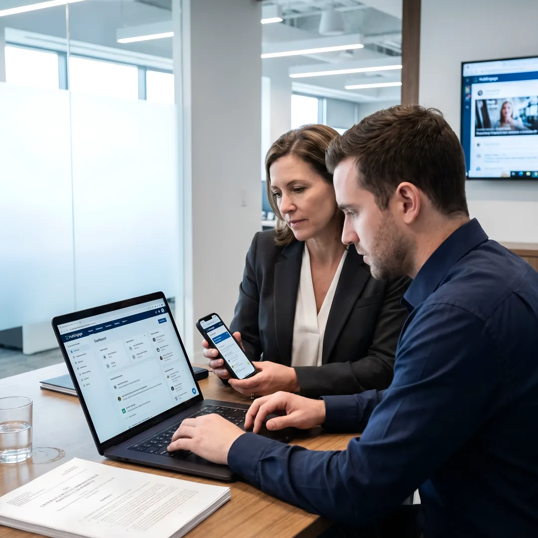Law firm employees collaborating using intranet software on desktop and mobile devices