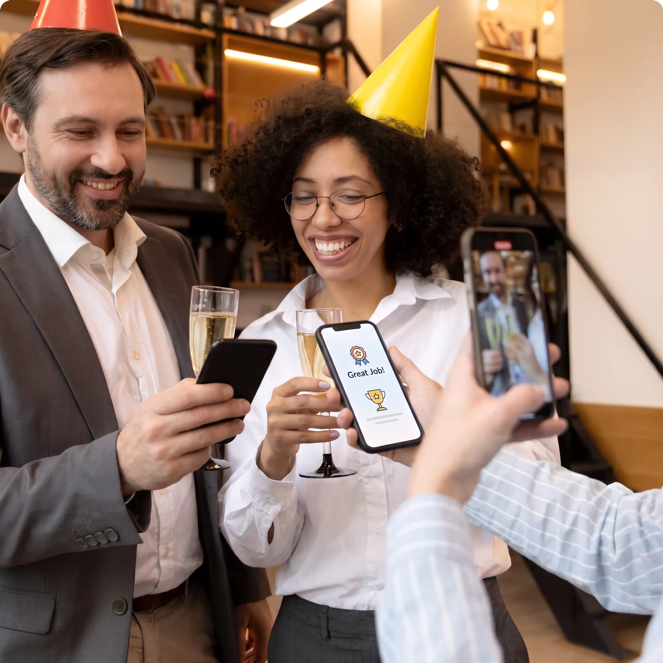 Employees using a digital recognition platform to celebrate workplace achievements