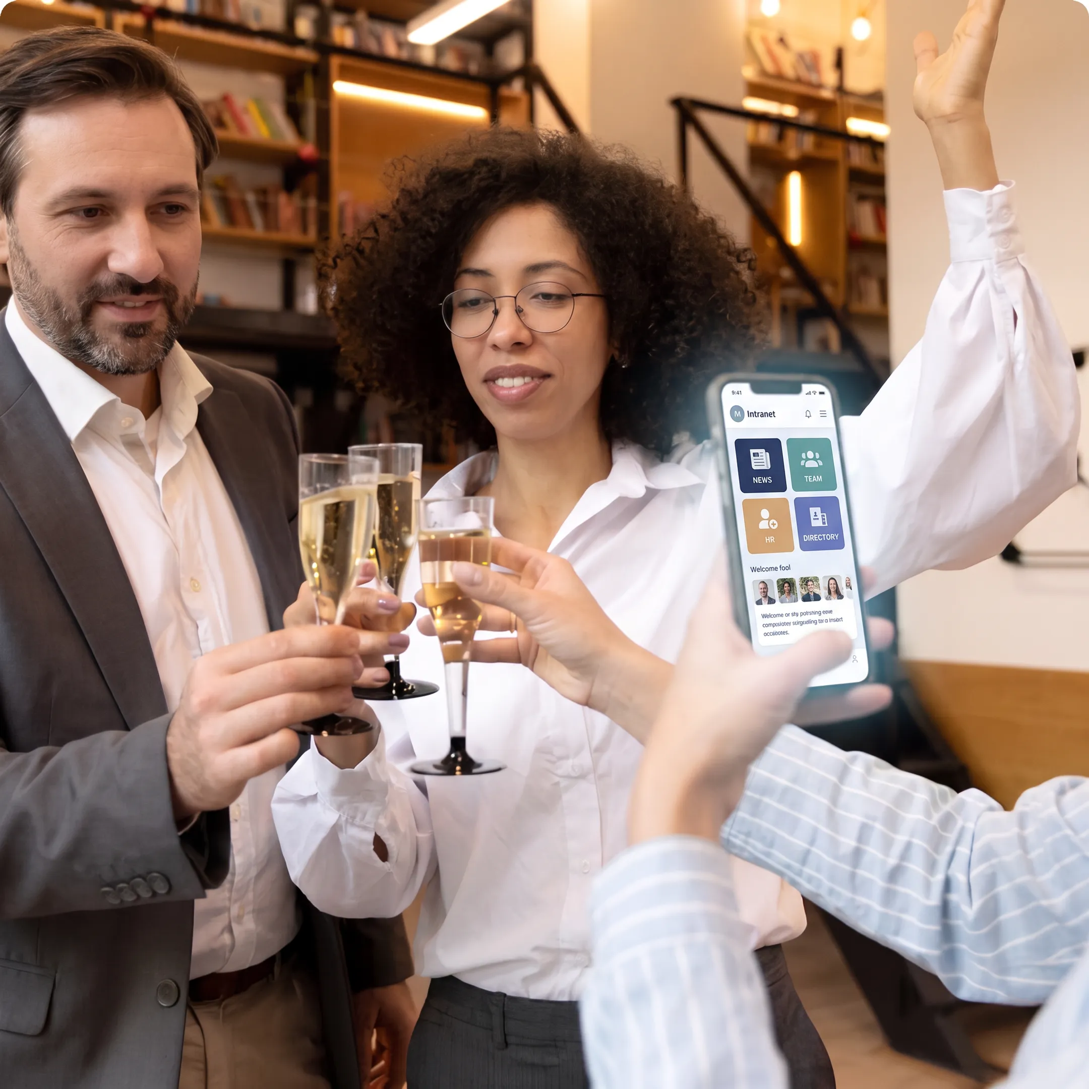 Employees using an intranet portal across offices, frontline workplaces, and mobile devices