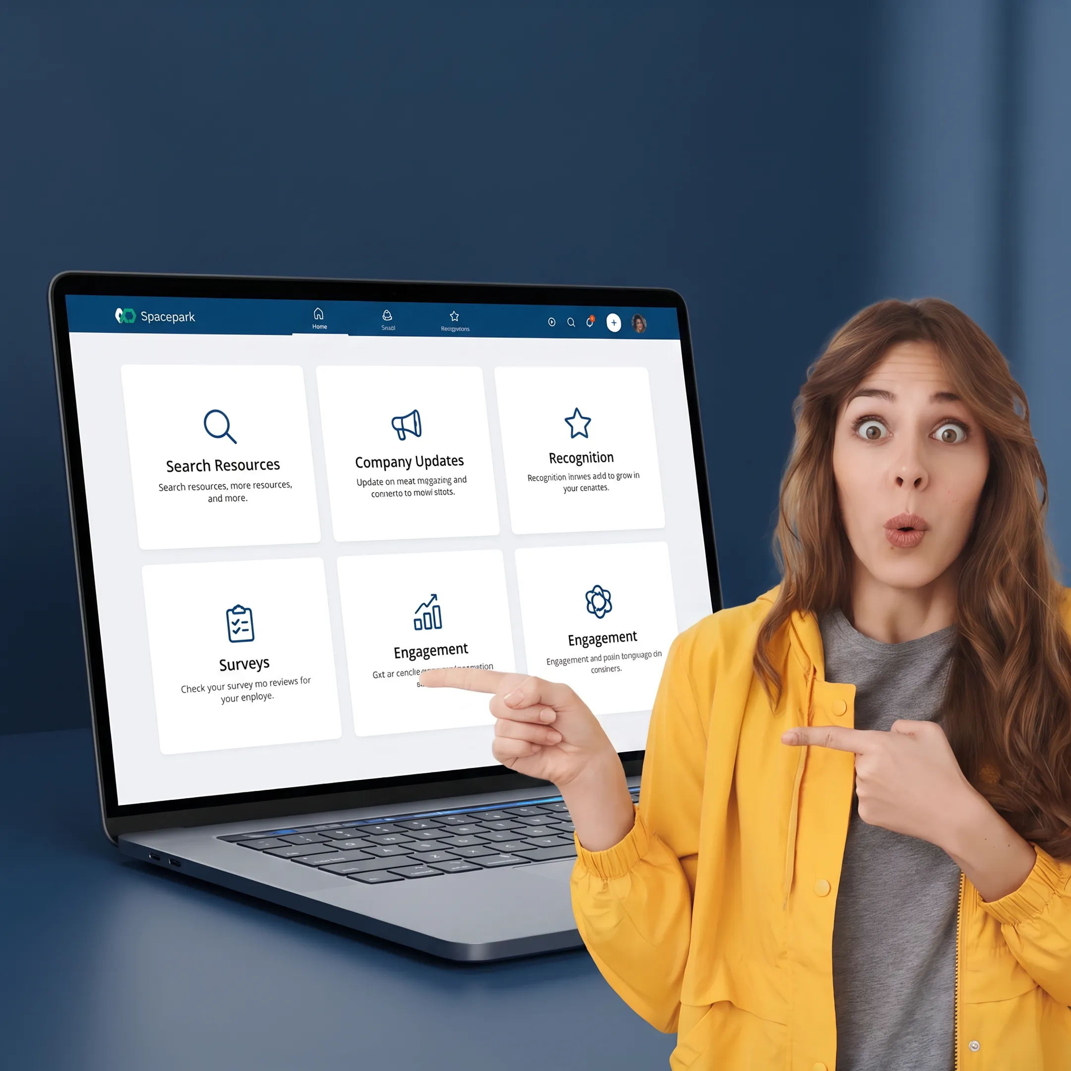 Employee viewing an organized intranet portal with communication and engagement resources