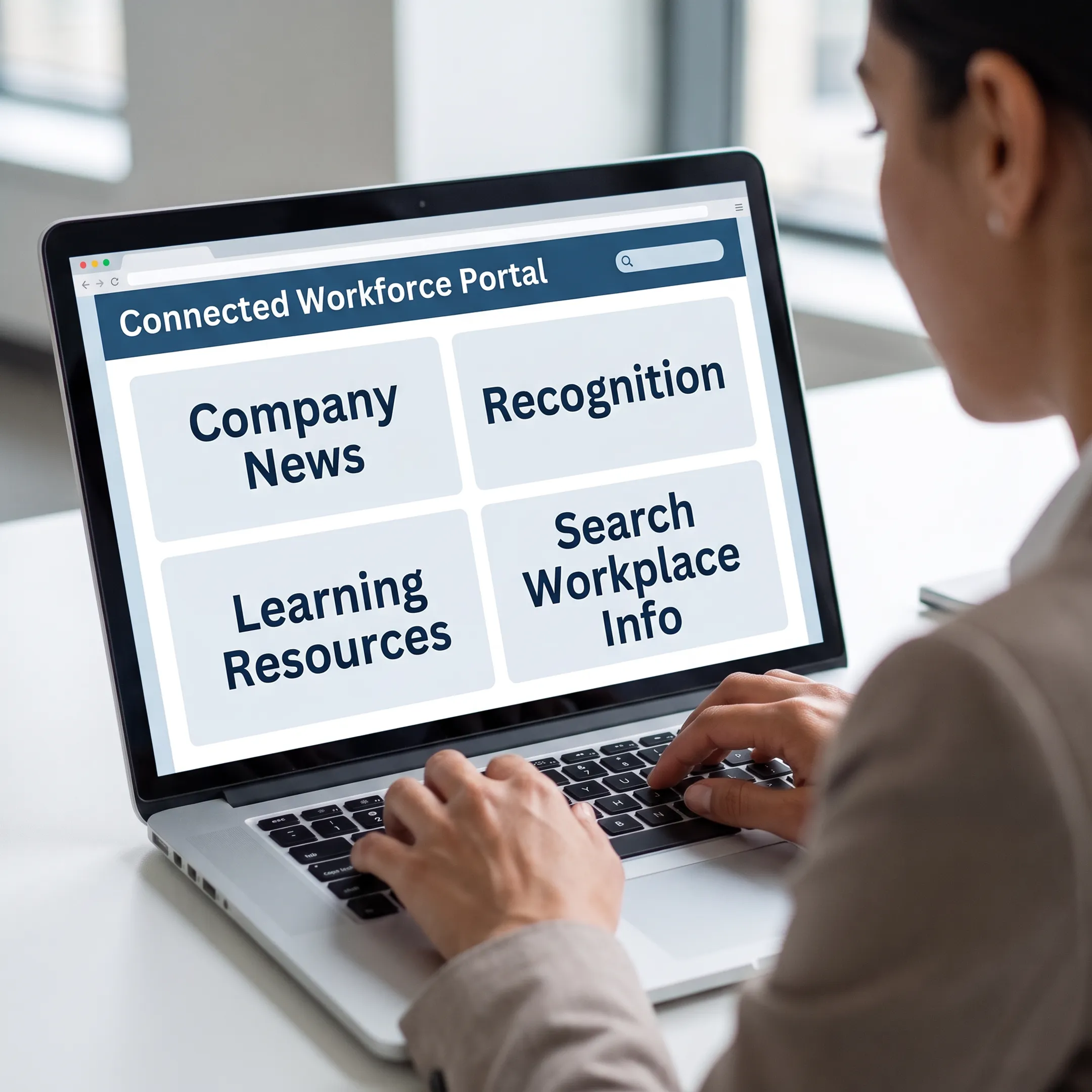 Employee viewing a connected workforce portal with communications and resources