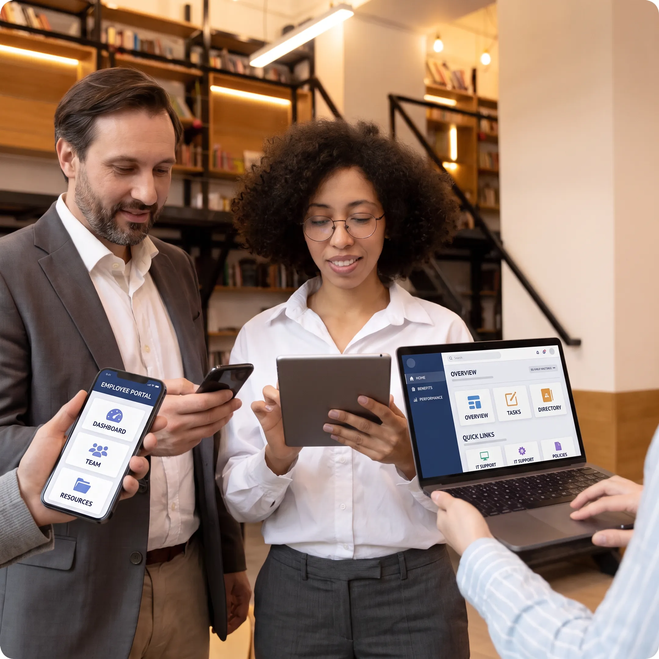 Employees accessing a modern employee portal on mobile devices and workplace screens