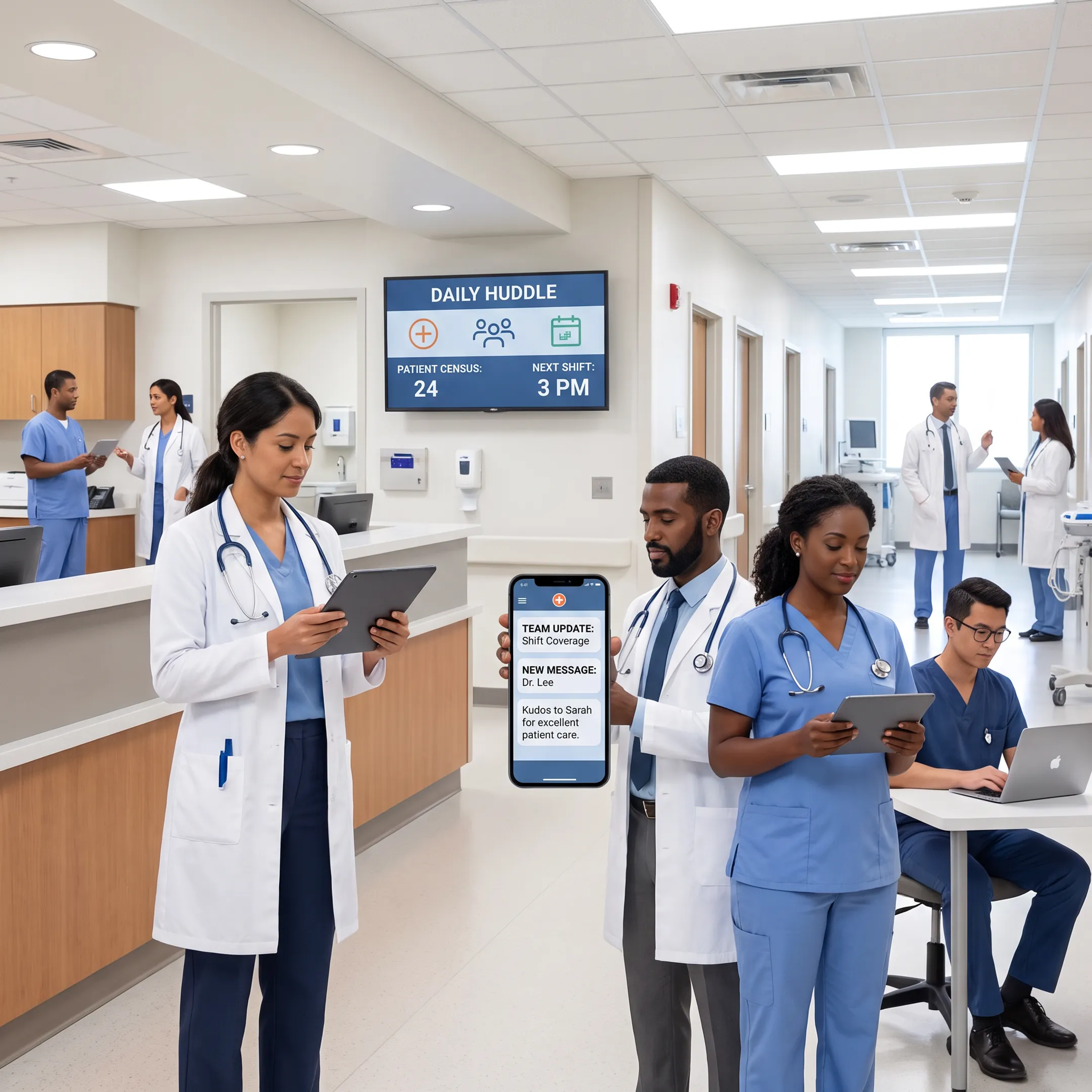 Healthcare staff using a digital communications platform in a hospital setting