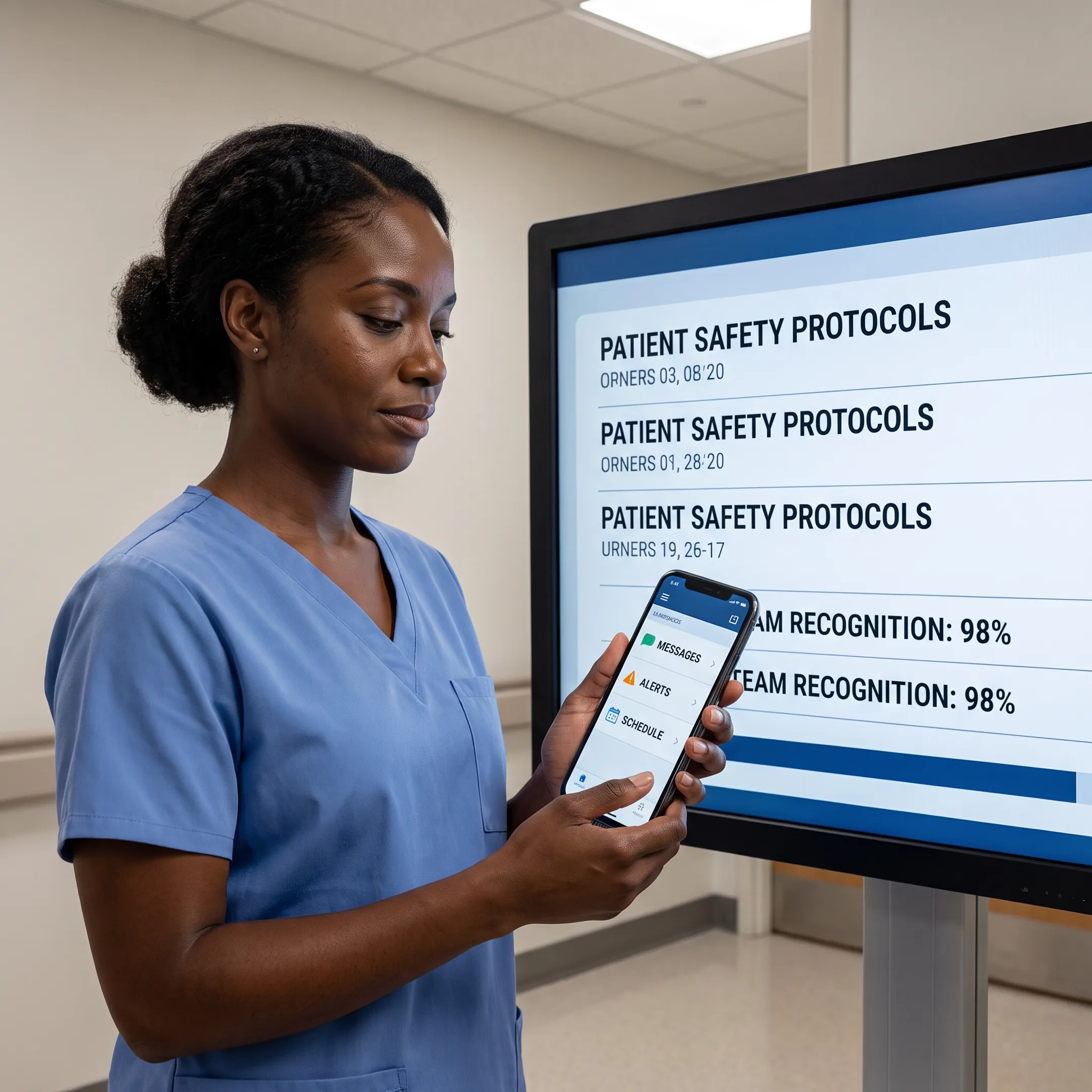 Healthcare employee reviewing workplace information on a mobile device