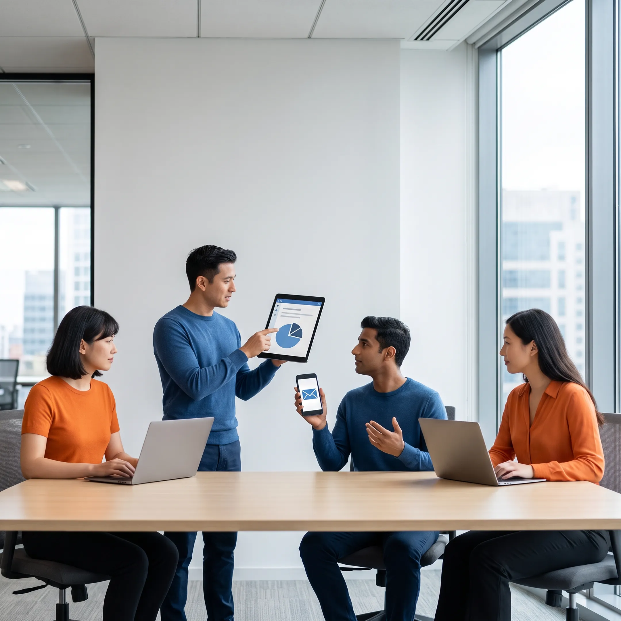 Employees using a cloud intranet platform on laptops, phones, and shared workplace displays