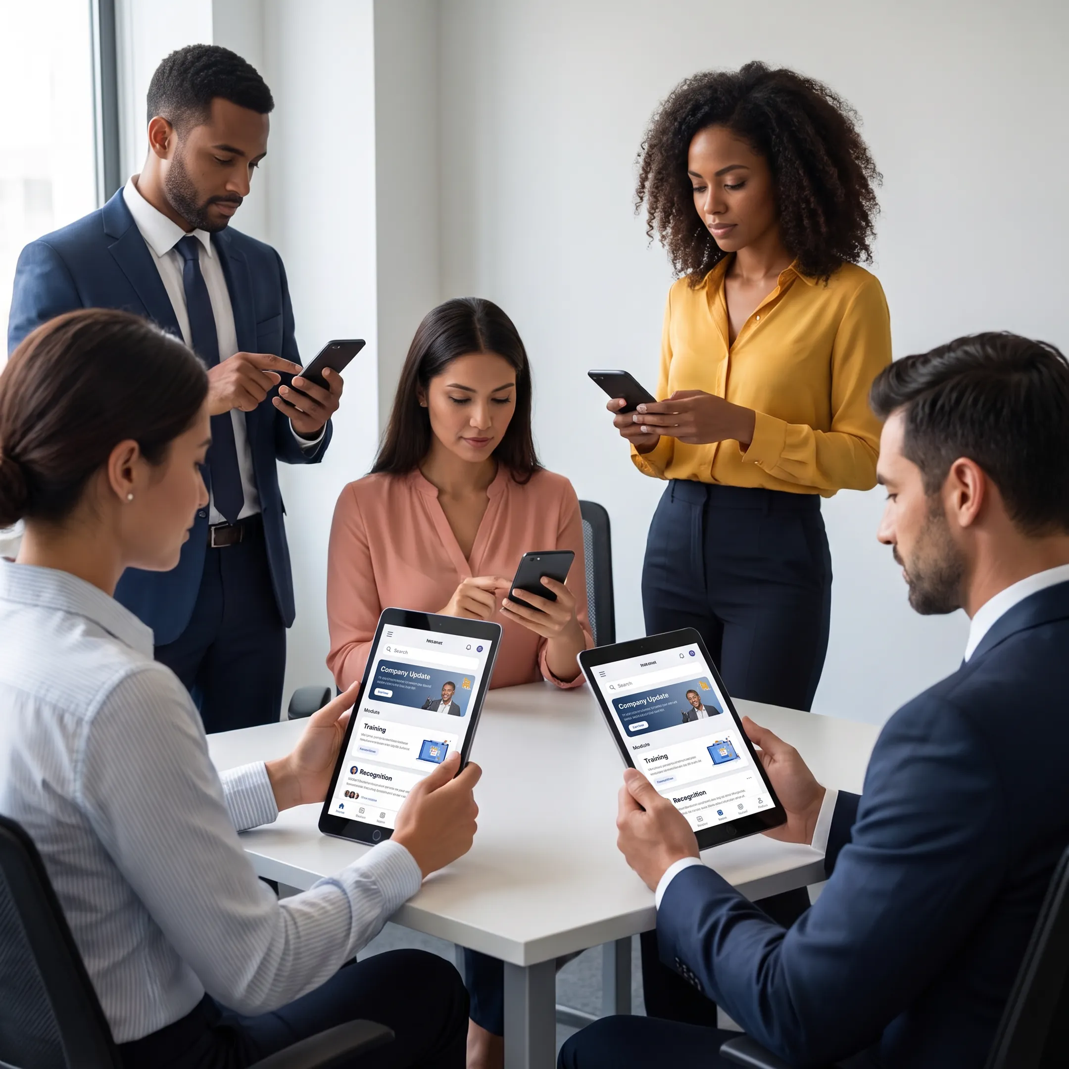 Frontline and office employees accessing shared workplace information through an employee intranet