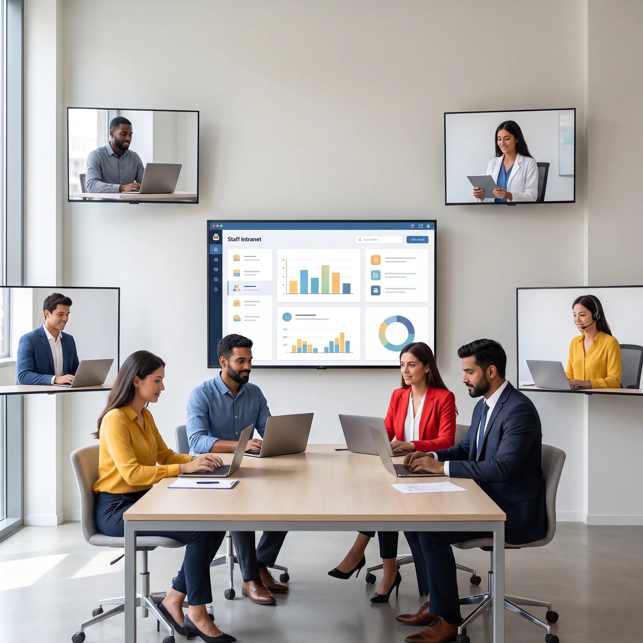 Employees using a modern intranet platform on mobile devices and shared workplace screens