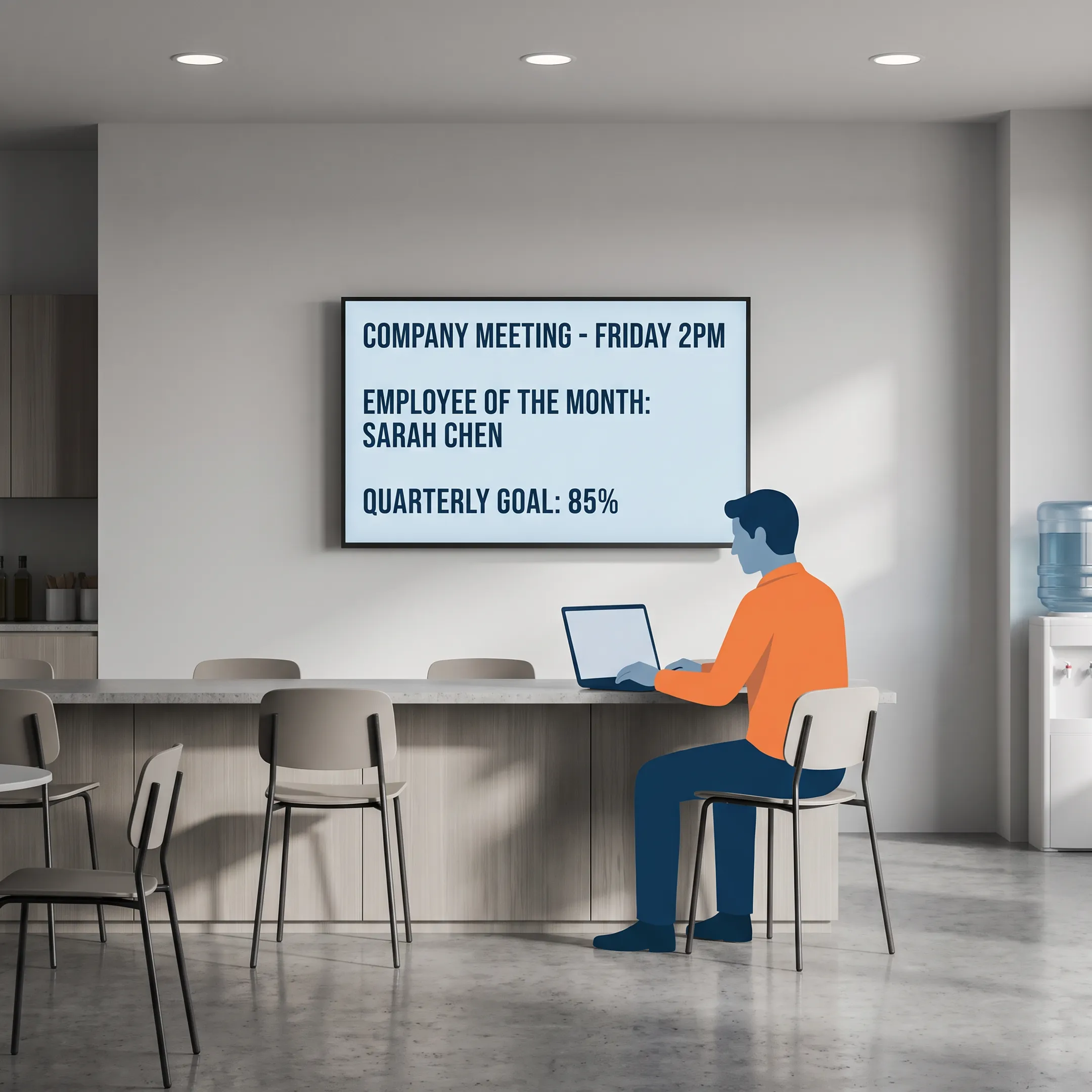 Corporate workplace screen displaying employee announcements and recognition