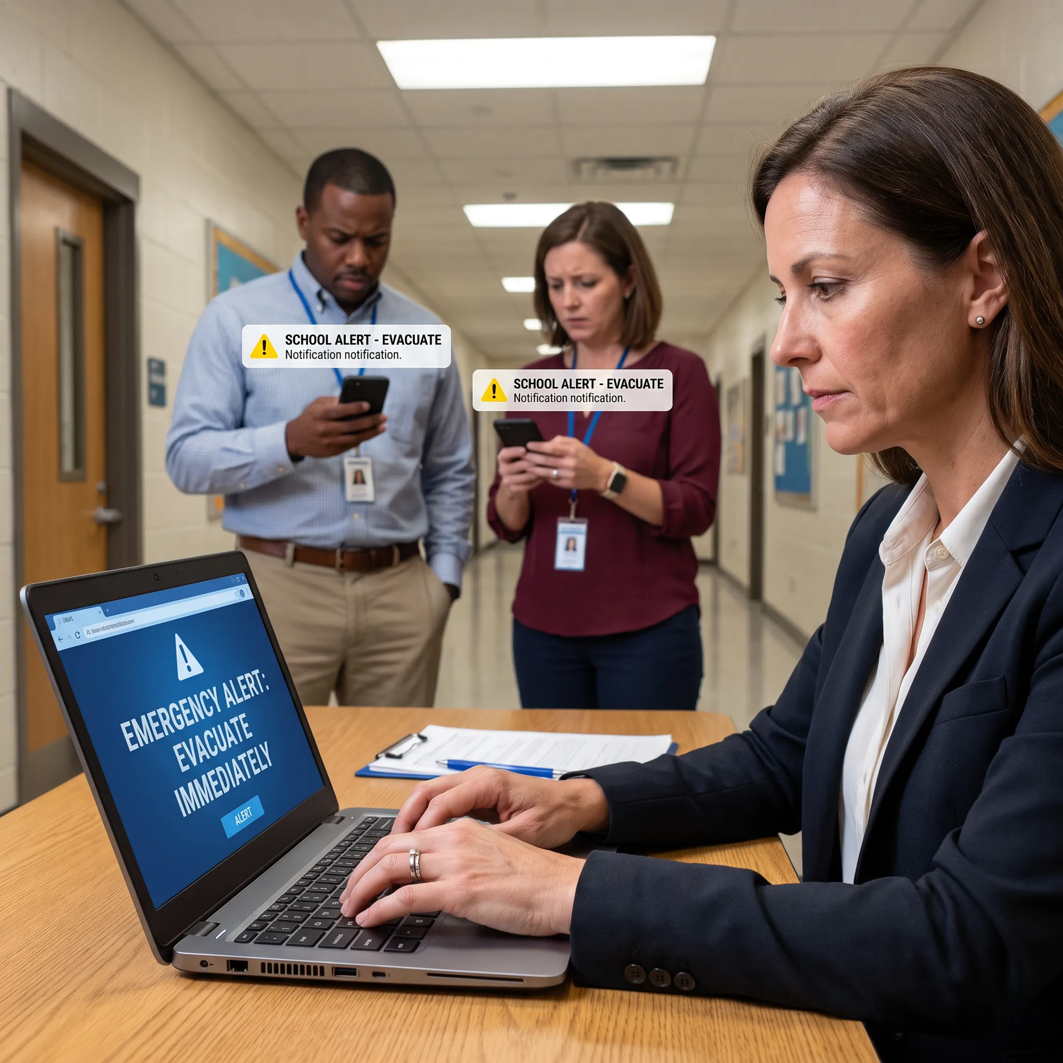 School administrator sending an emergency notification to staff through a digital communication platform