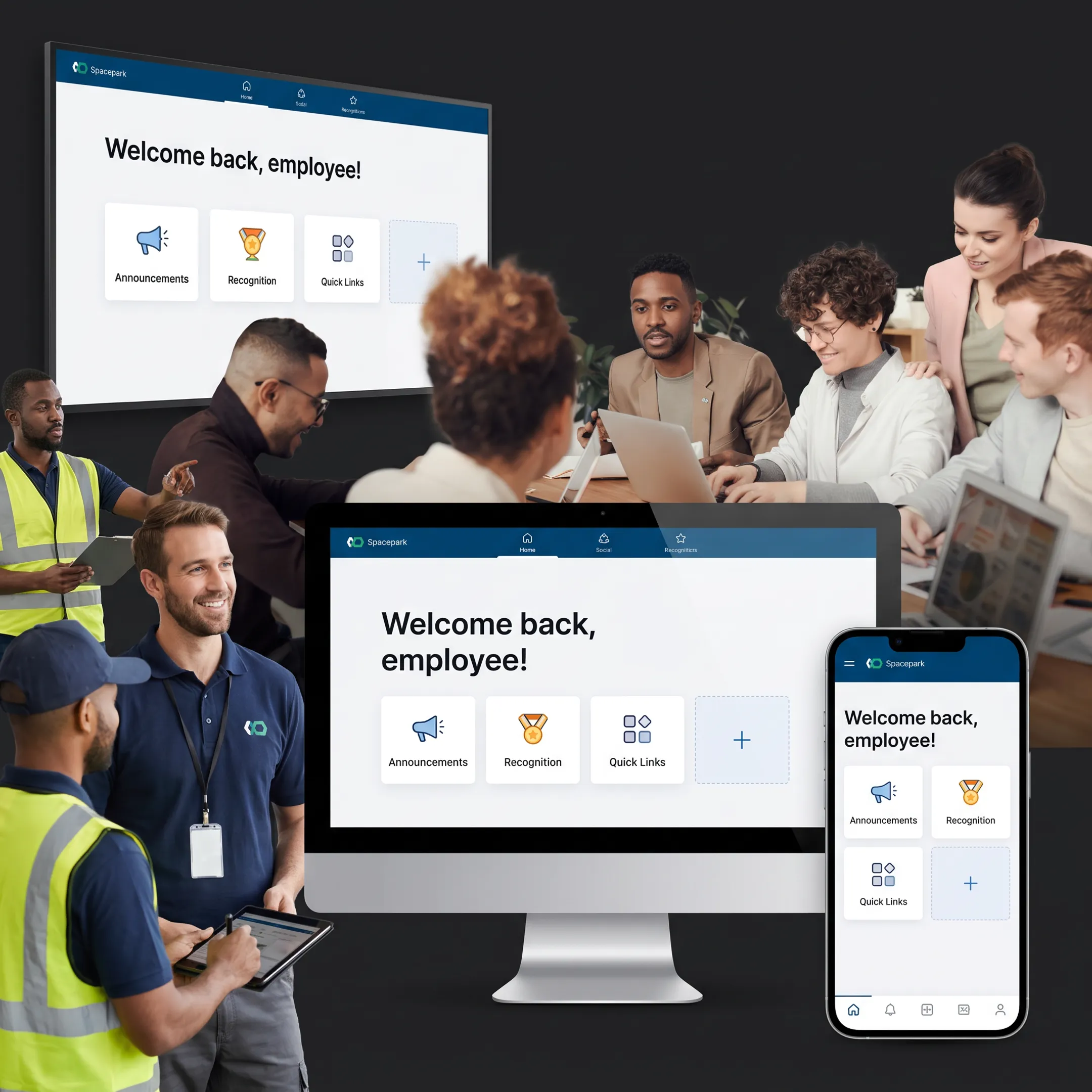 Employees using a unified digital portal for workplace communication and engagement