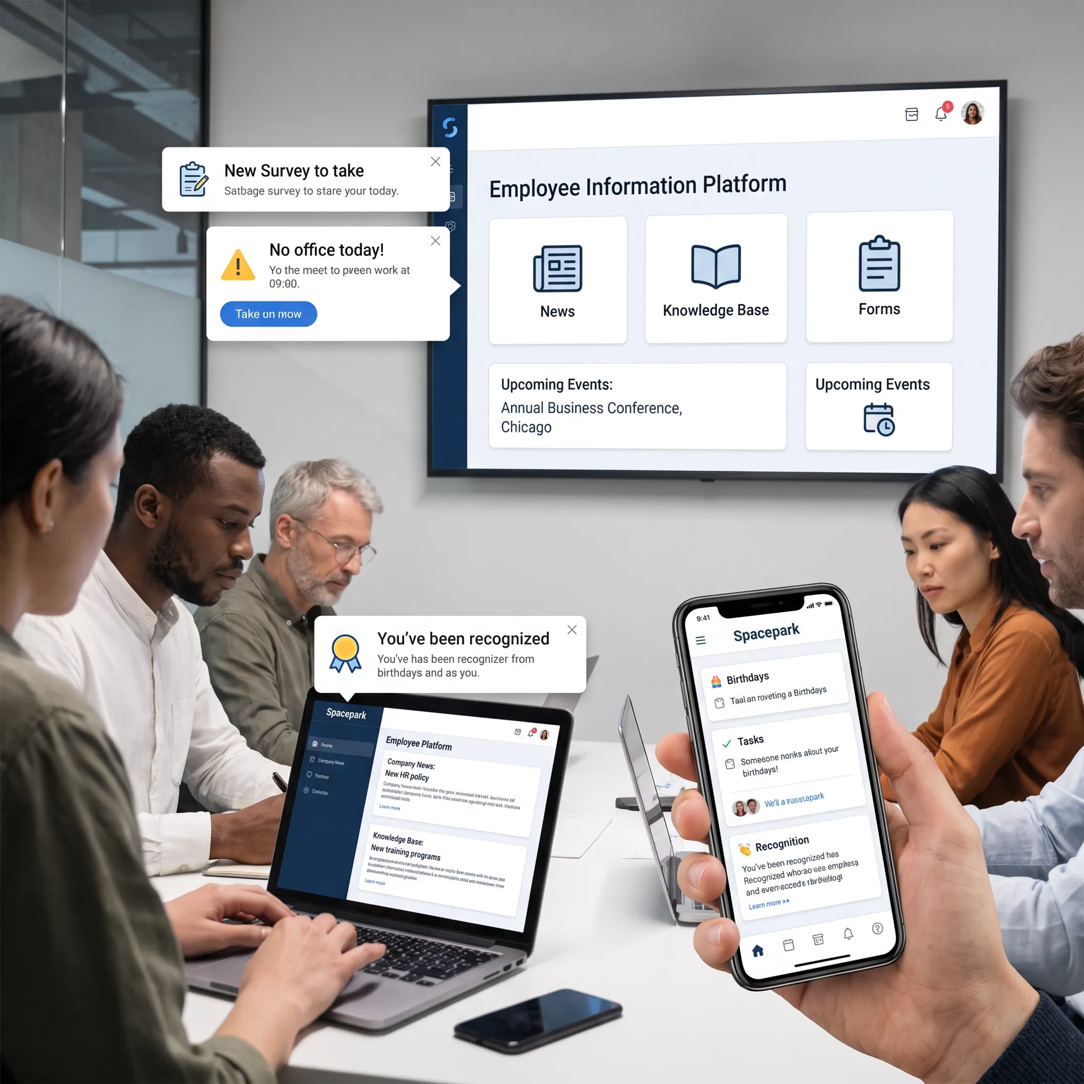 Employees accessing a unified information system on mobile devices and workplace screens