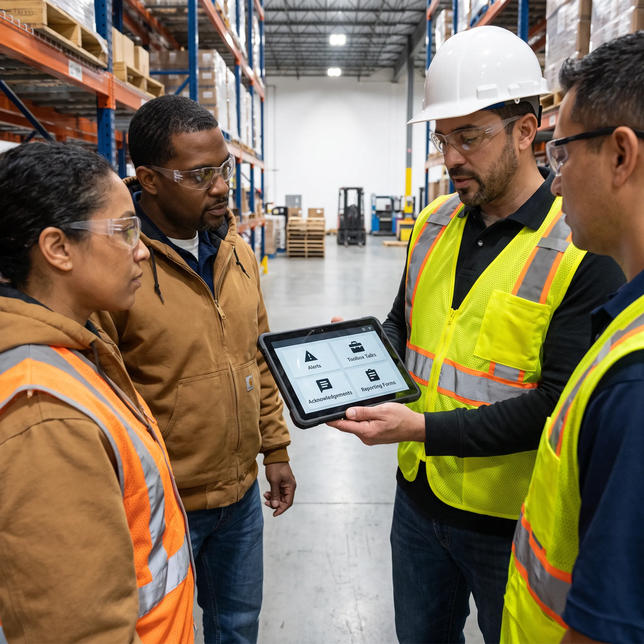 Operations team using a safety communication platform during a workplace meeting