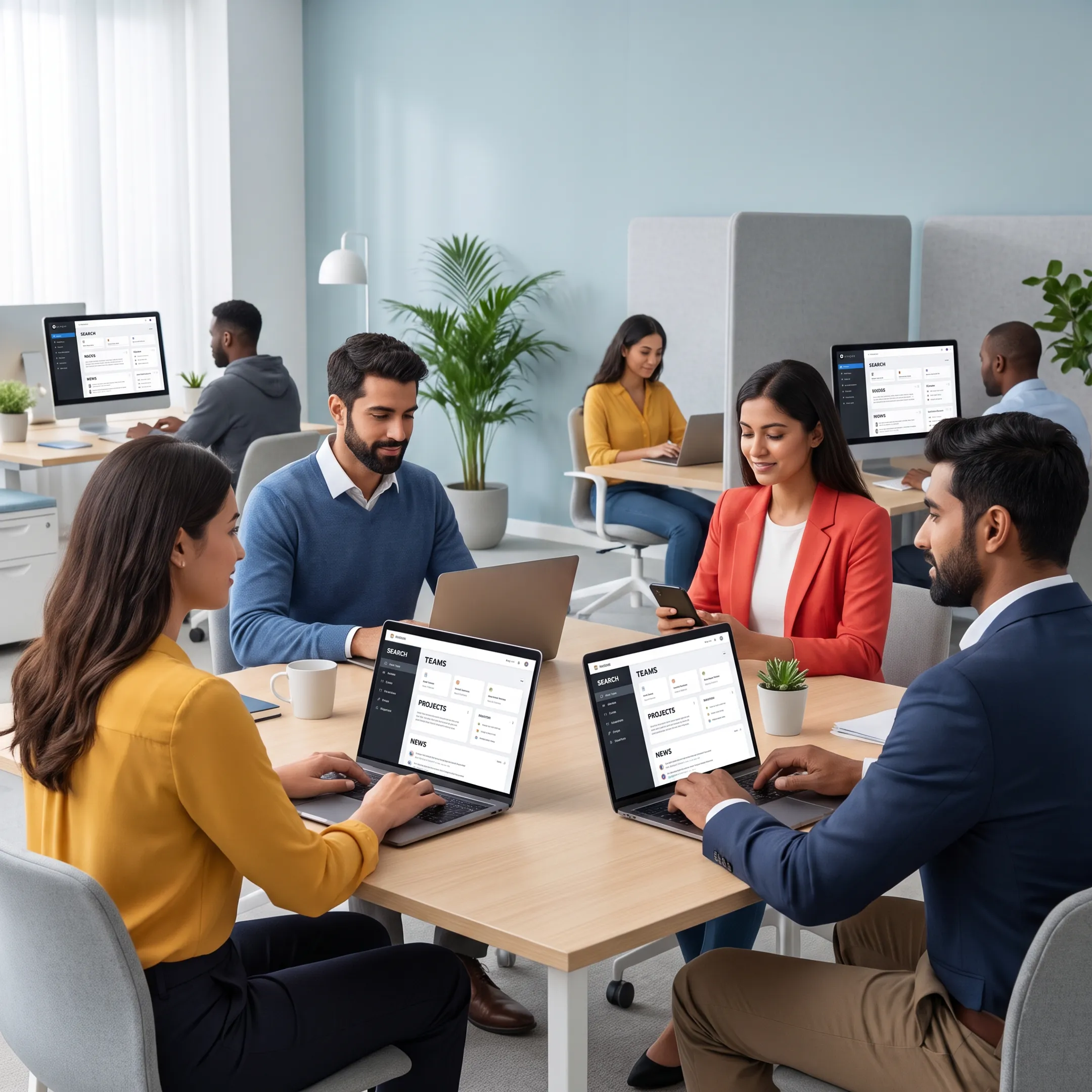 Employees using an AI-powered intranet to access workplace information and collaborate